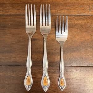 MCM Customcraft CUS7 Dinner Forks Dessert Fork Flatware Floral Inlay Heart Shape